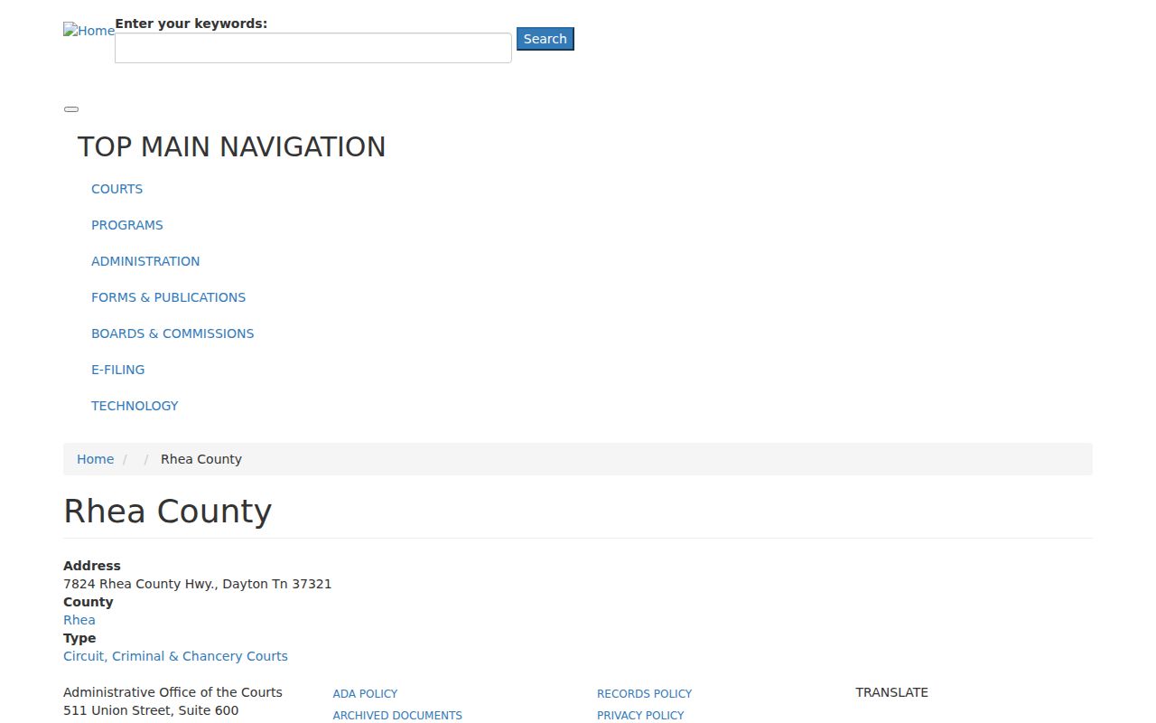Rhea County warrant lookup court locations listed by the Tennessee AOC