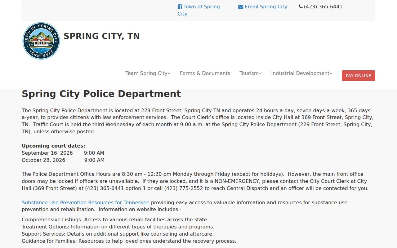Spring City police and traffic court information for Spring City warrant records