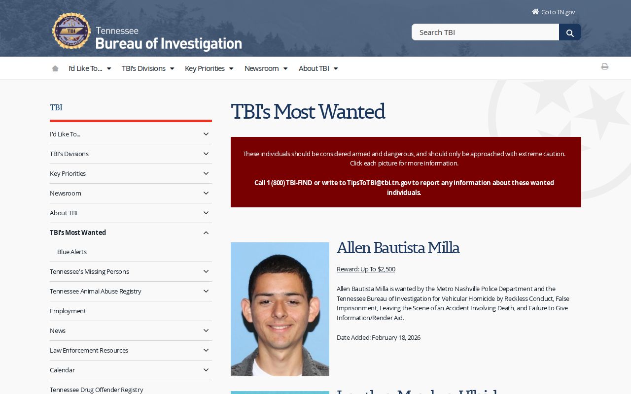 Tennessee TBI Most Wanted program information for Rhea County warrant records readers
